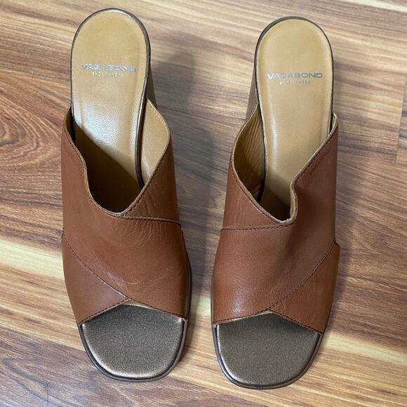 VAGABOND Brown Leather Cross Strap Block Heel Slide Sandals Size 9 - Picture 3 of 10